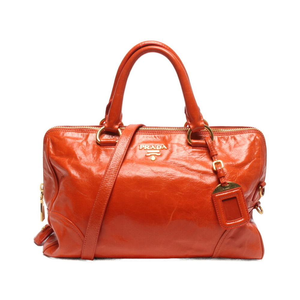 Prada Vitello Shine Bauletto Satchel handbag glossy orange leather